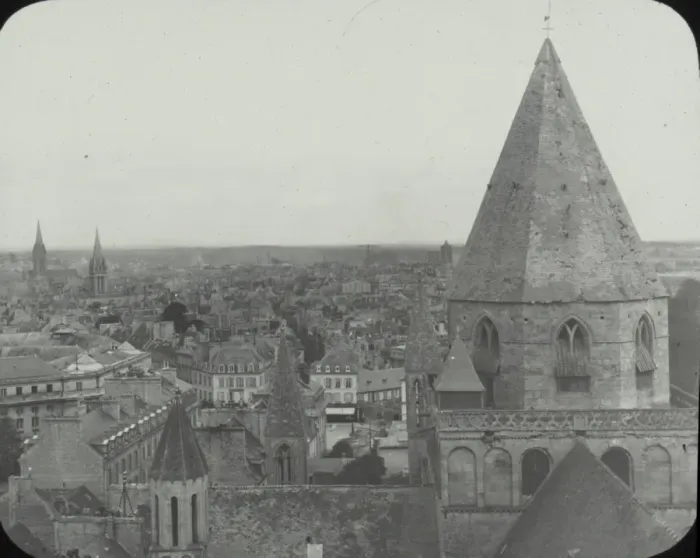 Framed Print : Caen - black and white panoramic view of town from roof top level Date: circa 1890s Framed Print : Caen - black and white panoramic view of town from roof top level Date: circa 1890s