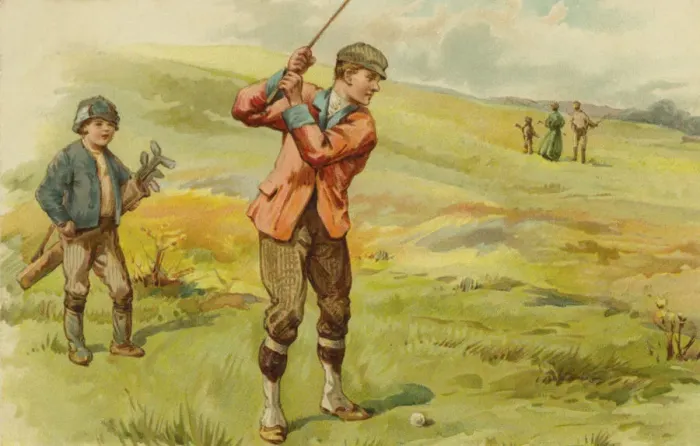 Framed Print : Golf. Man playing golf with a small boy as caddy. Date: circa 1900 Framed Print : Golf. Man playing golf with a small boy as caddy. Date: circa 1900