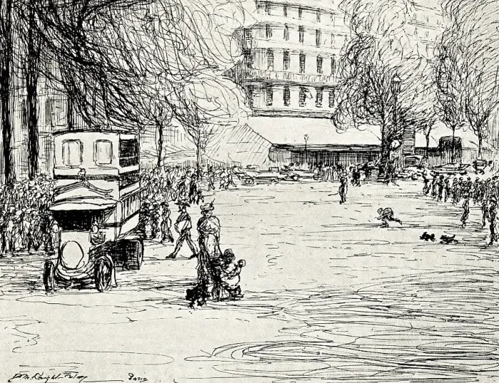 Framed Print : Paris. A drawing of a coach in Paris, with a large mass of people standing nearby Framed Print : Paris. A drawing of a coach in Paris, with a large mass of people standing nearby