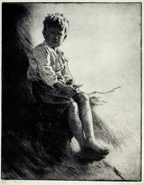 Framed Print : Snowy. A portrait etching of a young bot, seated Framed Print : Snowy. A portrait etching of a young bot, seated