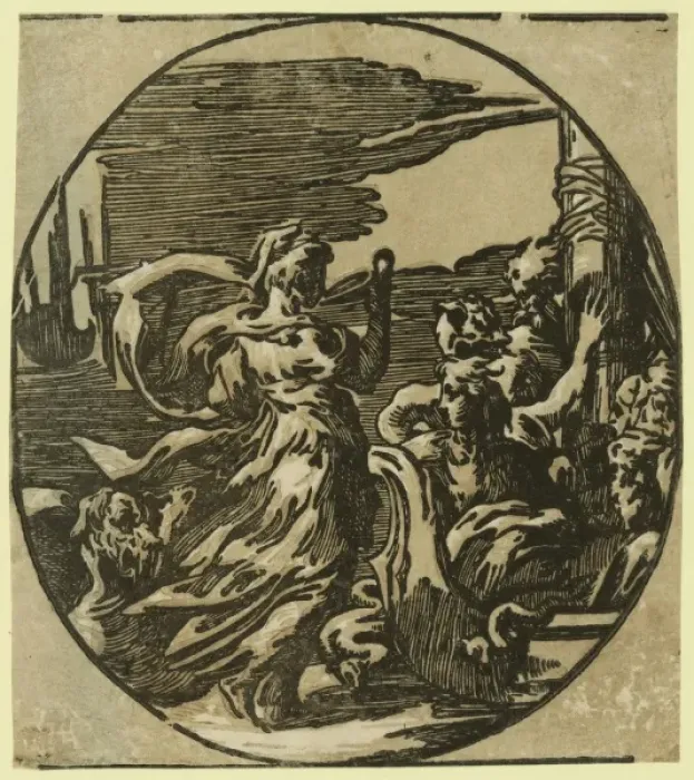Framed Print : Circe. Print showing Circe, standing on the water, with dragon-like serpents, drinking Framed Print : Circe. Print showing Circe, standing on the water, with dragon-like serpents, drinking