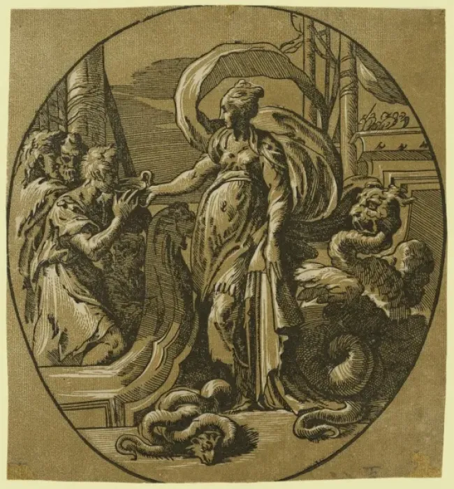 Framed Print : Circe. Print showing Circe, standing on a wharf with dragon-like serpents Framed Print : Circe. Print showing Circe, standing on a wharf with dragon-like serpents