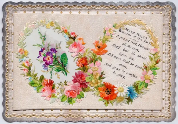 Framed Print : Circles of flowers on a fabric birthday card Framed Print : Circles of flowers on a fabric birthday card