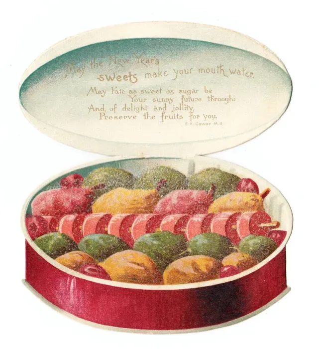 Framed Print : Circular box of sweets on a New Year card Framed Print : Circular box of sweets on a New Year card