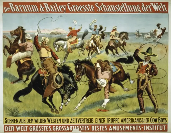 Framed Print : Circus poster showing cowboys performing riding and rope tri Framed Print : Circus poster showing cowboys performing riding and rope tri