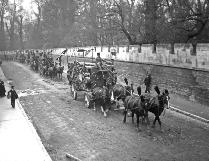 Framed Print : Circus troupe procession with horse-drawn carriages Framed Print : Circus troupe procession with horse-drawn carriages