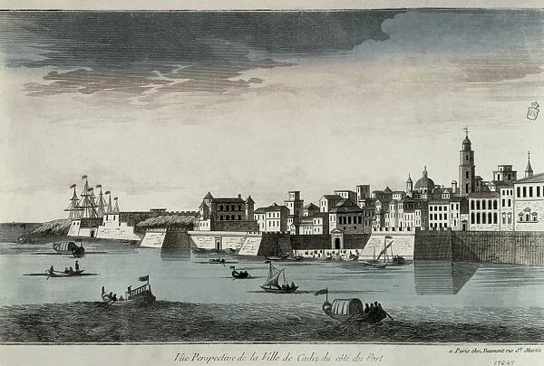 City of Cadiz seen from the harbour. Engraving