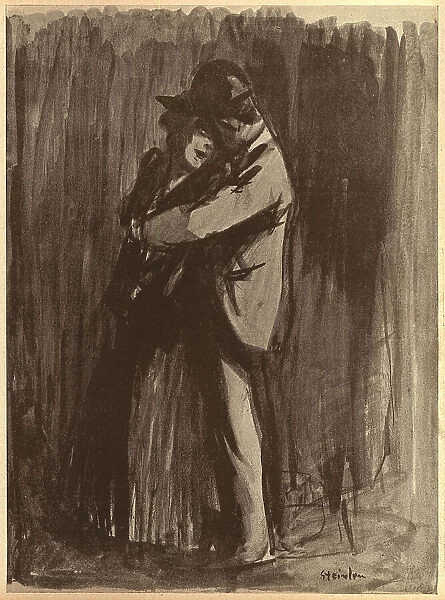 City Love. A sketch of a man embracing his wife in the city. Date: circa 1901