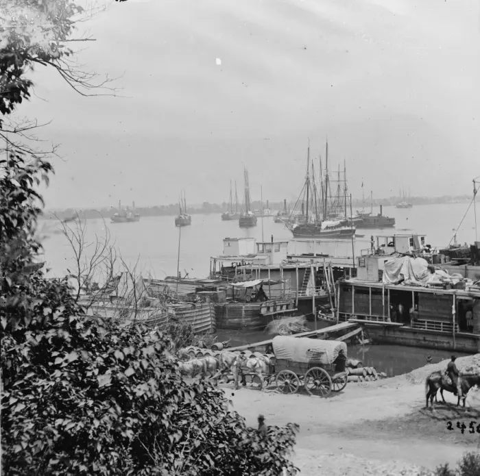 Framed Print : City Point, Va. View of waterfront with Federal supply boats Framed Print : City Point, Va. View of waterfront with Federal supply boats