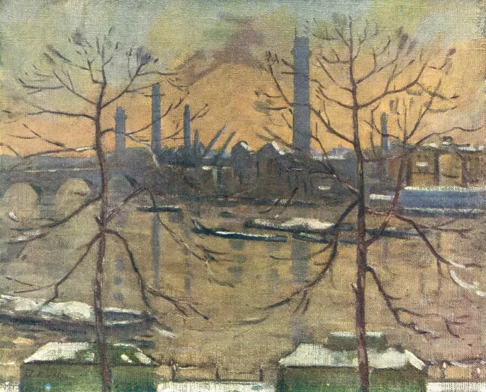 Framed Print : City View. This painting shows a view of an industrial city with smokestacks Framed Print : City View. This painting shows a view of an industrial city with smokestacks