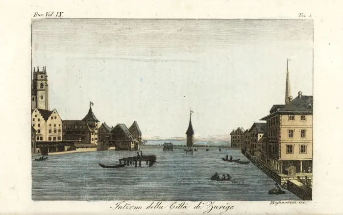 Framed Print : The city of Zurich, Switzerland, early 19th century Framed Print : The city of Zurich, Switzerland, early 19th century
