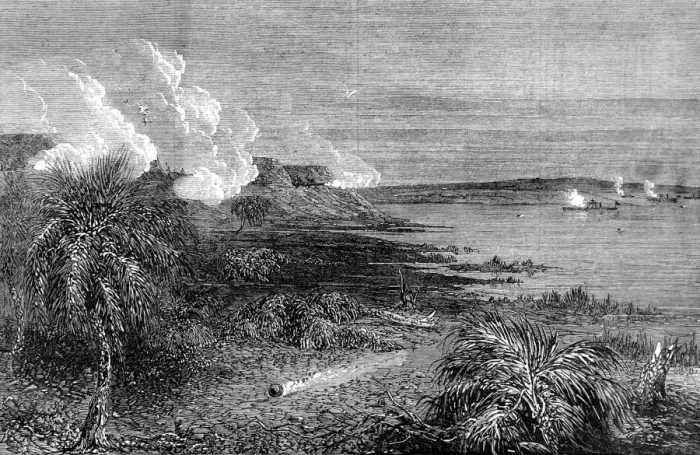 Framed Print : The Civil war in America. Attack by Federal gun boats on For Framed Print : The Civil war in America. Attack by Federal gun boats on For