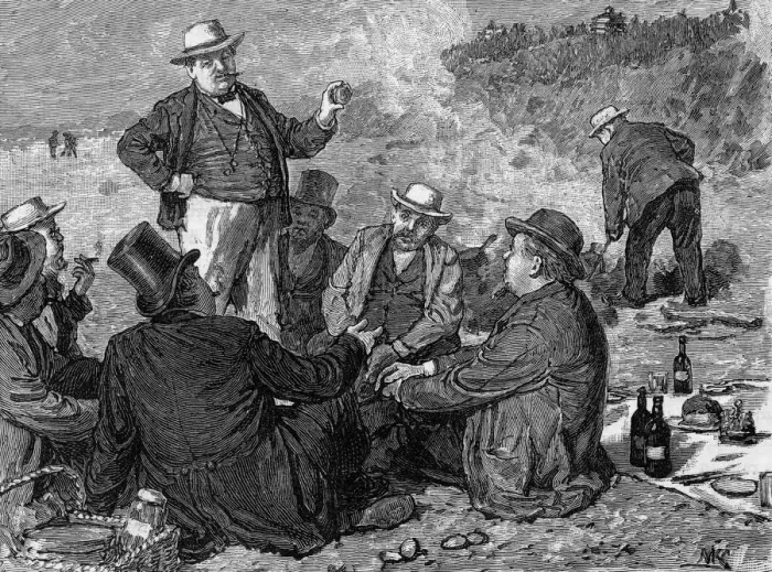 Framed Print : CLAMBAKE. Gentlemen enjoy a clam bake on the coast of America Date: 1883 Framed Print : CLAMBAKE. Gentlemen enjoy a clam bake on the coast of America Date: 1883