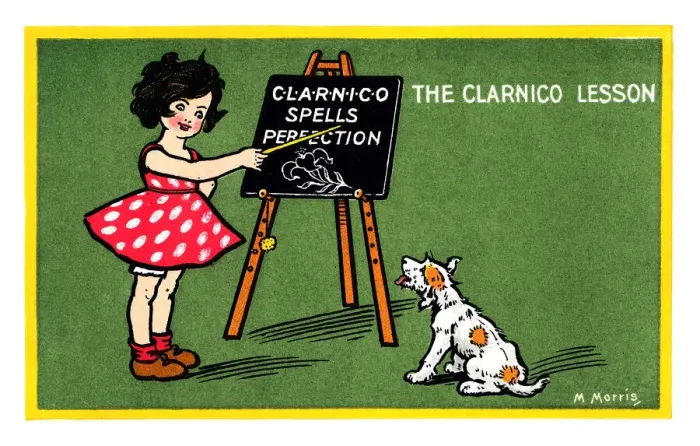 Framed Print : Clarnico. The Clarnico Lesson. Advertisement postcard for Clarnico sweets with a girl Framed Print : Clarnico. The Clarnico Lesson. Advertisement postcard for Clarnico sweets with a girl