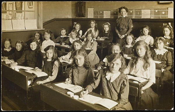 Class of girls with their teacher, Miss Bowls