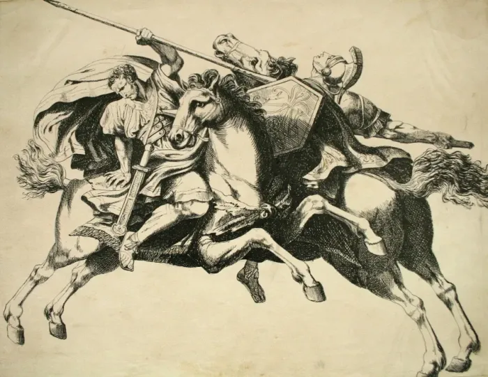 Framed Print : Classical battle scene with men and horses Framed Print : Classical battle scene with men and horses