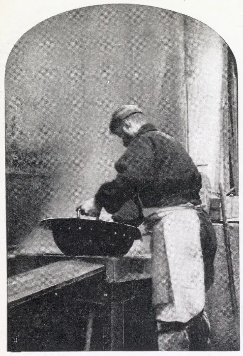 Framed Print : Cleaning the blanks in boiling acid, this occured after they passed the annealing furnace, which gave them the appearance of dirty discs of iron. Date: 1904 Framed Print : Cleaning the blanks in boiling acid, this occured after they passed the annealing furnace, which gave them the appearance of dirty discs of iron. Date: 1904