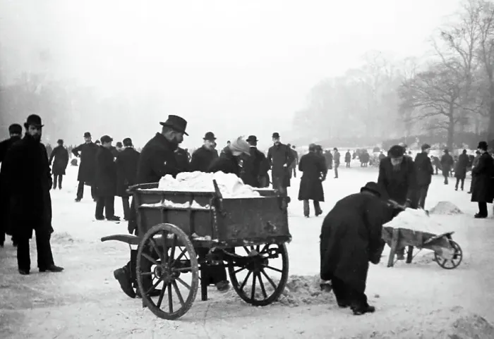 Framed Print : Clearing a London park of snow, Victorian period Framed Print : Clearing a London park of snow, Victorian period
