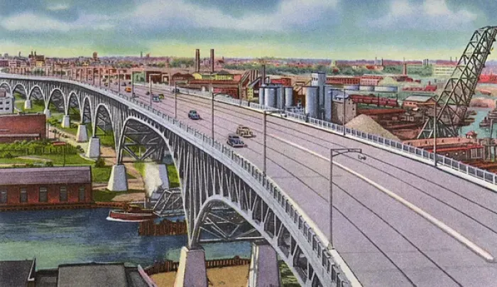 Framed Print : Cleveland, Ohio, USA - Main Avenue Bridge looking west Framed Print : Cleveland, Ohio, USA - Main Avenue Bridge looking west