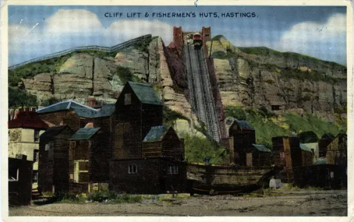 Framed Print : Cliff Lift & Fishermans Huts, Hastings, England Framed Print : Cliff Lift & Fishermans Huts, Hastings, England