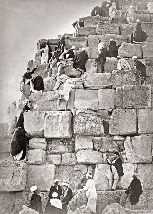 Framed Print : Climbing The Great Pyramid, Egypt, circa 1880s. Date: circa 1880s Framed Print : Climbing The Great Pyramid, Egypt, circa 1880s. Date: circa 1880s