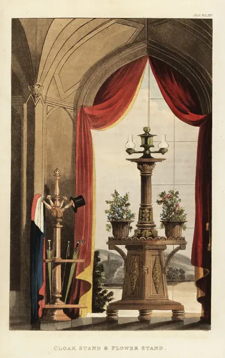 Framed Print : Cloak stand and flower stand in the Gothic style, Regency era Framed Print : Cloak stand and flower stand in the Gothic style, Regency era