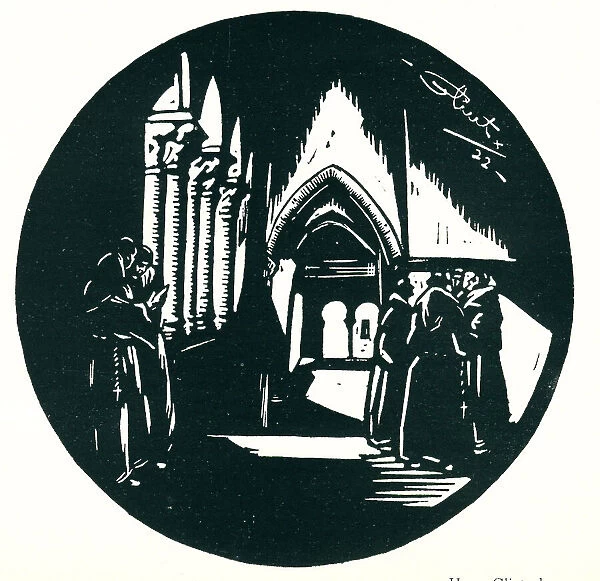 Cloisters. A linoleum cut of an interior scene, showing groups of priests conversing