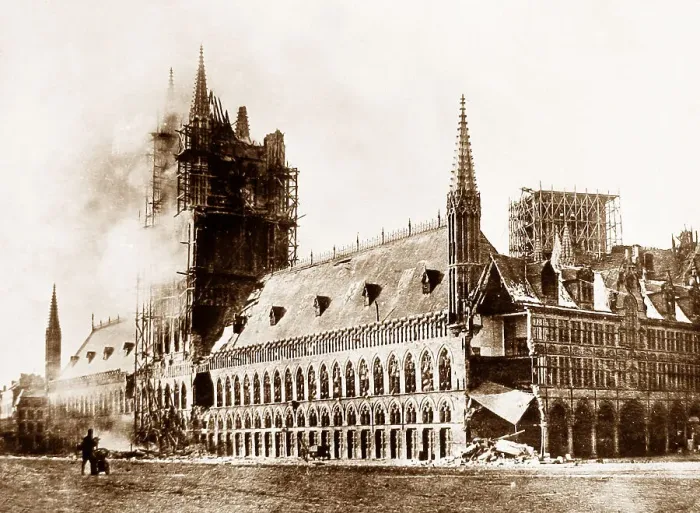 Framed Print : Cloth Hall on fire, Ypres, Belgium during WW1 Framed Print : Cloth Hall on fire, Ypres, Belgium during WW1