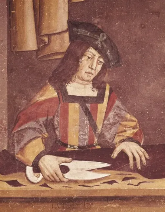 Framed Print : Cloth Merchant Cutting Cloth. 15th C. Detail Framed Print : Cloth Merchant Cutting Cloth. 15th C. Detail