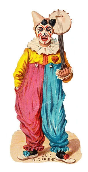 Clown with banjo on a Victorian scrap