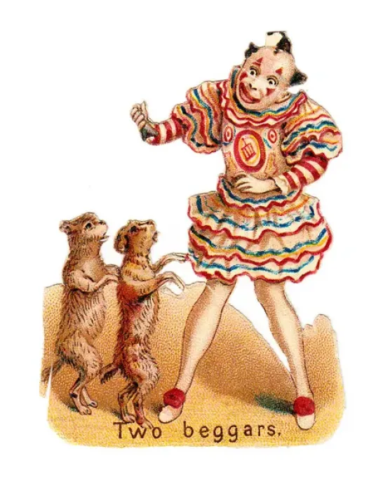 Framed Print : Clown with two begging dogs on a Victorian scrap Framed Print : Clown with two begging dogs on a Victorian scrap