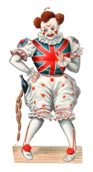 Framed Print : Clown with bottle and sausages on a Victorian scrap Framed Print : Clown with bottle and sausages on a Victorian scrap