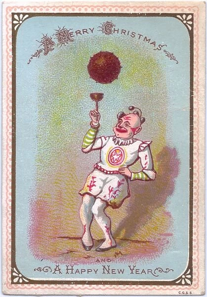 Clown with cup and ball on a Christmas and New Year card