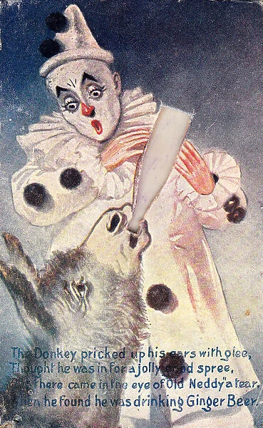 Clown with donkey and bottle on a comic greetings card