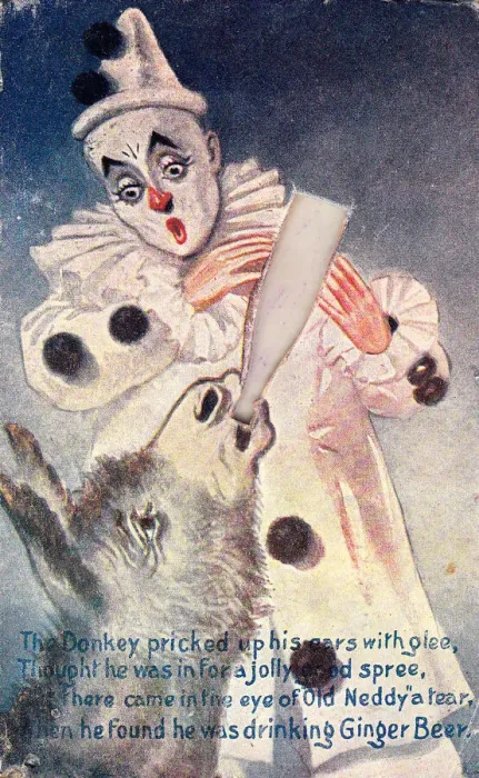 Framed Print : Clown with donkey and bottle on a comic greetings card Framed Print : Clown with donkey and bottle on a comic greetings card