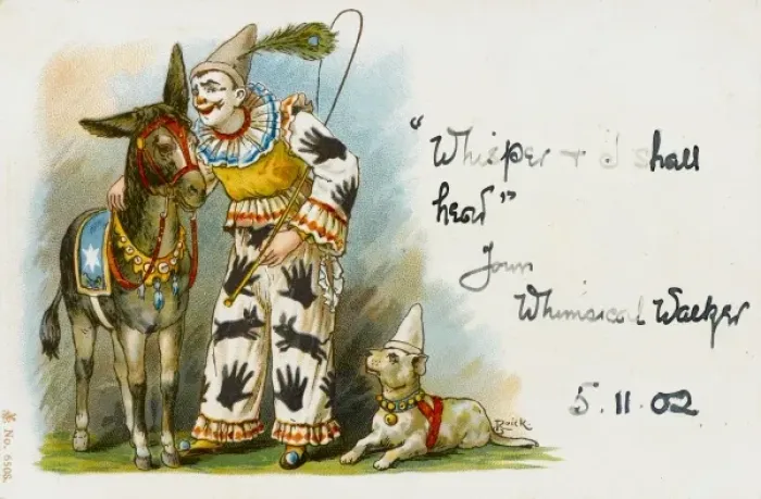 Framed Print : Clown with a donkey and a dog Framed Print : Clown with a donkey and a dog