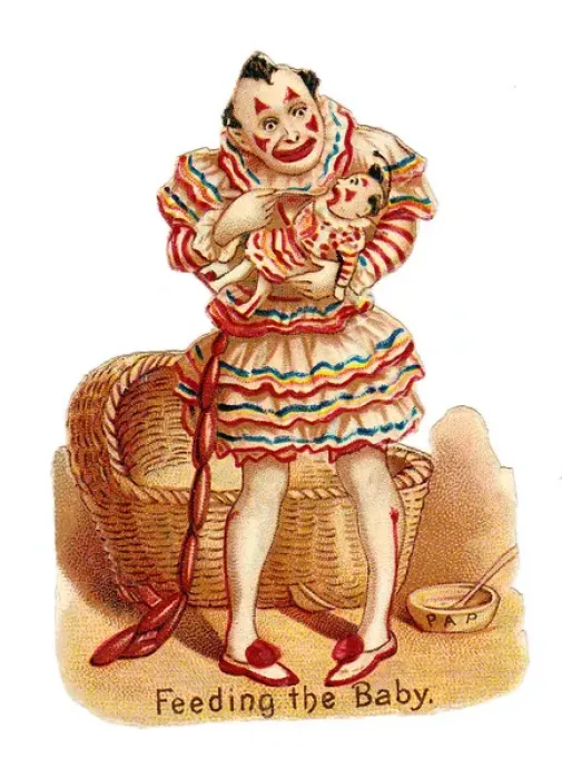 Framed Print : Clown feeding a baby on a Victorian scrap Framed Print : Clown feeding a baby on a Victorian scrap