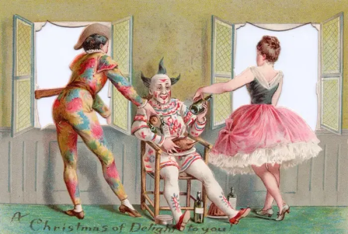 Framed Print : Clown with food and drink on a Christmas and New Year card Framed Print : Clown with food and drink on a Christmas and New Year card