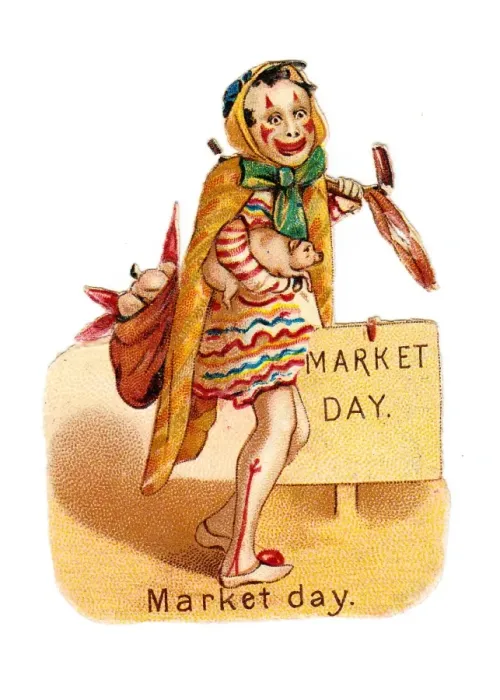 Framed Print : Clown going to market on a Victorian scrap Framed Print : Clown going to market on a Victorian scrap