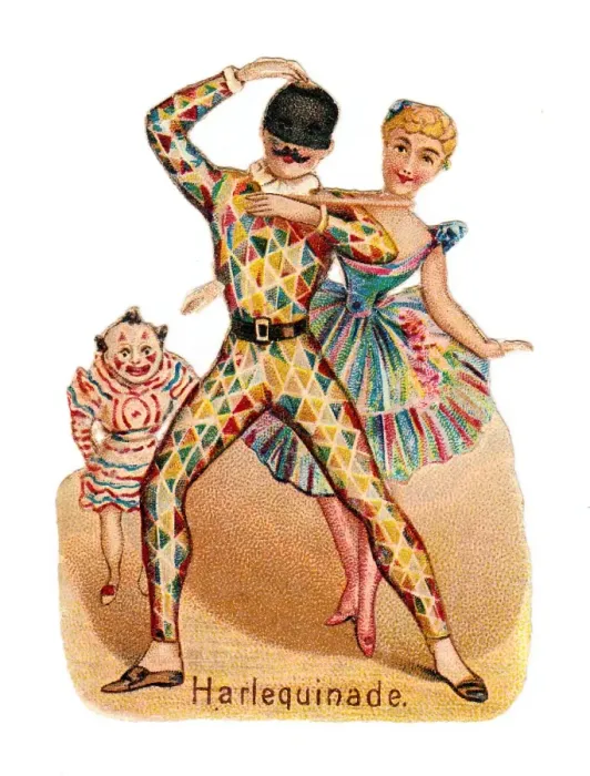 Framed Print : Clown, Harlequin and Columbine on a Victorian scrap Framed Print : Clown, Harlequin and Columbine on a Victorian scrap
