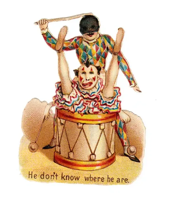 Framed Print : Clown and Harlequin on a Victorian scrap Framed Print : Clown and Harlequin on a Victorian scrap
