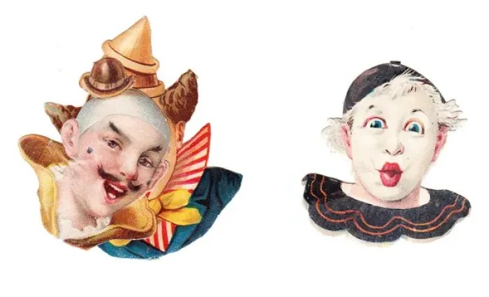 Framed Print : Clown heads on two Victorian scraps Framed Print : Clown heads on two Victorian scraps