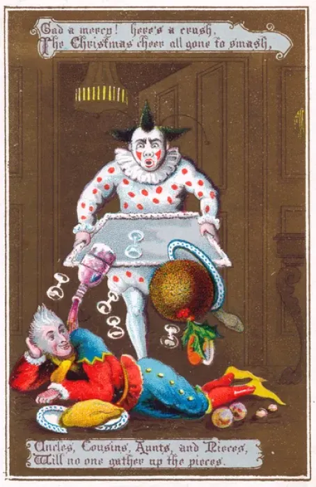 Framed Print : Clown and jester on a Christmas card Framed Print : Clown and jester on a Christmas card