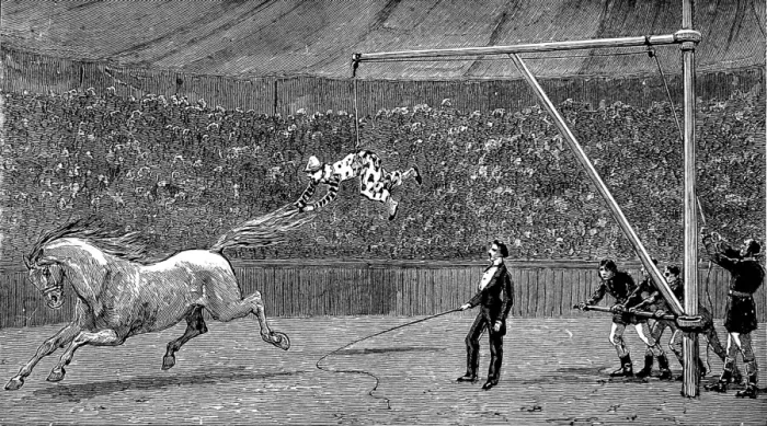 Framed Print : Clown learning to ride bare-back horses, c. 1888 Framed Print : Clown learning to ride bare-back horses, c. 1888