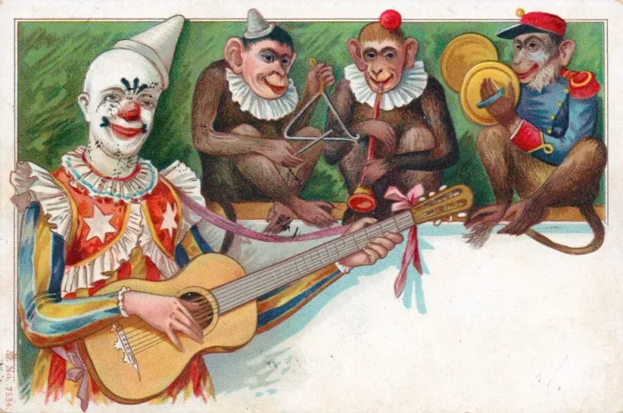 Framed Print : Clown with three monkeys on a postcard Framed Print : Clown with three monkeys on a postcard