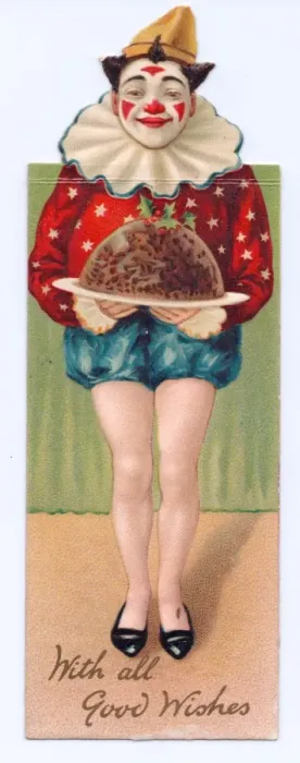 Framed Print : Clown with pudding on a Christmas card Framed Print : Clown with pudding on a Christmas card