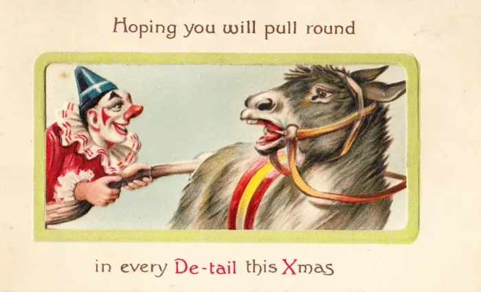 Framed Print : Clown pulling a donkeys tail on a Christmas card Framed Print : Clown pulling a donkeys tail on a Christmas card