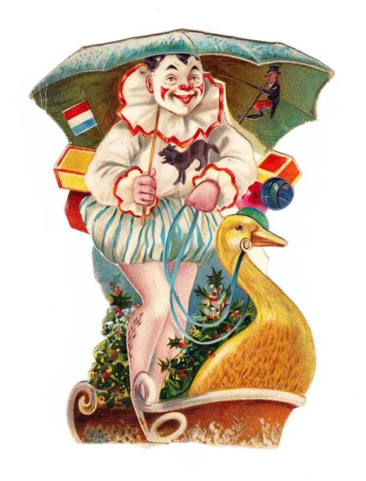 Framed Print : Clown riding a goose on a cutout Christmas card Framed Print : Clown riding a goose on a cutout Christmas card