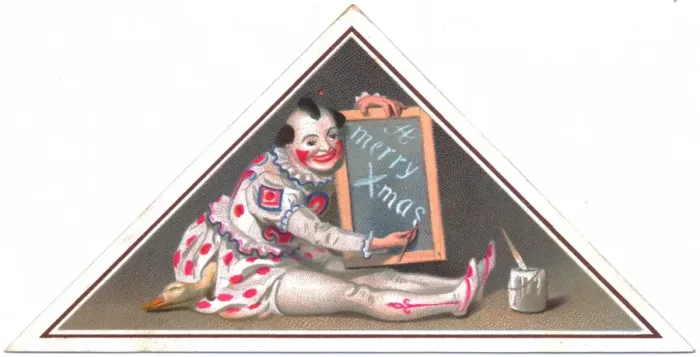 Framed Print : Clown on a triangular Christmas card Framed Print : Clown on a triangular Christmas card