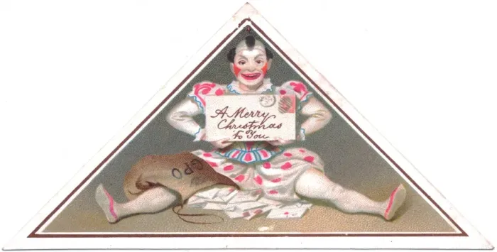 Framed Print : Clown on a triangular Christmas card Framed Print : Clown on a triangular Christmas card